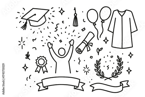 Graduation Celebration Doodle. Graduation celebration. Hand-drawn doodle illustration celebrating a graduation with a cap toss academic cap flying, diploma