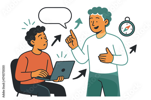Guiding Bright Futures. Mentorship program. Mentor glowing while advising a young founder with notebook open. Floating speech bubble, compass, and arrow icons