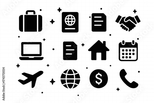 Work Abroad Icons. Work abroad. Solid icons set of Work abroad: suitcase, passport, briefcase, handshake, laptop, document, house, calendar, airplane, globe,