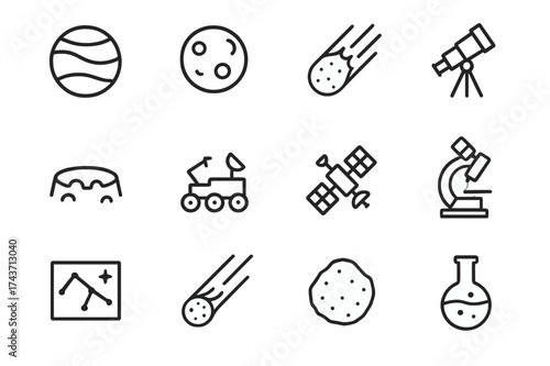Planetary Science Icons. Planetary science. Line outline icon set of planetary science: planet, moon, meteor,