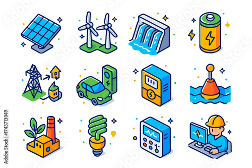 Renewable Energy Icons. Renewable energy. Colorful isometric vector icons set of technological advances in renewable energy: solar panels, wind turbines,