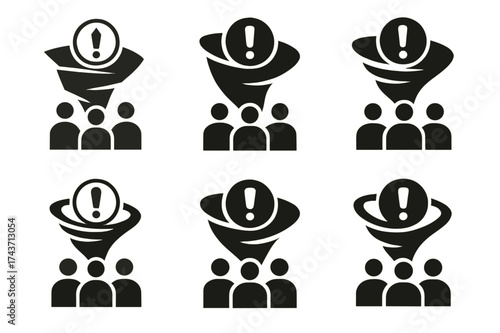 Community Alert Logos. Tornado-prone regions and disaster preparedness. Set Logo of community alert: group of people with exclamation mark overhead. harmonious