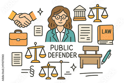 Legal Doodles Showcase. Public Defender. Hand-drawn doodle illustration lawyer (colored), handshake, briefcase (colored), courthouse, law book (colored),