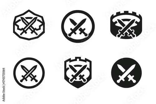 Battle Arena Logos. Game tournaments. Set Logo of battle arena: circular arena with crossed swords. harmonious logo variations of the same emblematic concept,