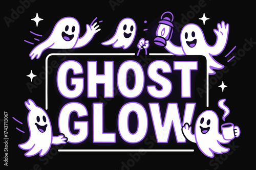 Ghostly Greeting Banner. Ghost Glow banner, flat vector illustration, bold oversized text inside rectangular frame, cartoon characters jumping and waving,