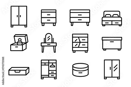 Bedroom Storage Icons. Bedroom storage. Line icon set of Bedroom storage: wardrobe, nightstand, dresser, bed with drawers, jewelry box, vanity table, shoe