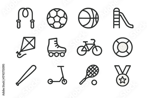 Children Fitness Icons. Children Fitness. Line outline icon set of Children Fitness: jump rope, soccer ball,