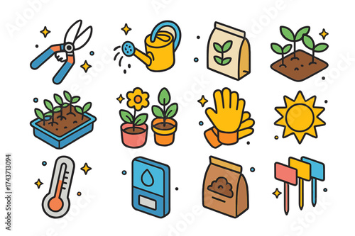 Seasonal Gardening Icons. Seasonal maintenance. Colorful isometric vector icons set of seasonal maintenance: pruning shears, watering can, fertilizer bag,