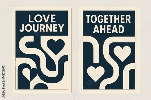 Love Journey Banners. Love Journey. Two vertical A6 banners with safe margins, centered composition, no elements touching edges, bauhaus style, navy and beige,