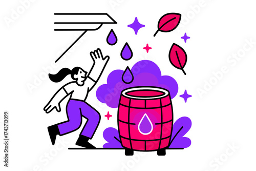 Rainwater Harvesting Artistry. Rainwater harvesting. A glowing barrel collecting droplets from a roof, abstract floating leaves, stars, and sparkles