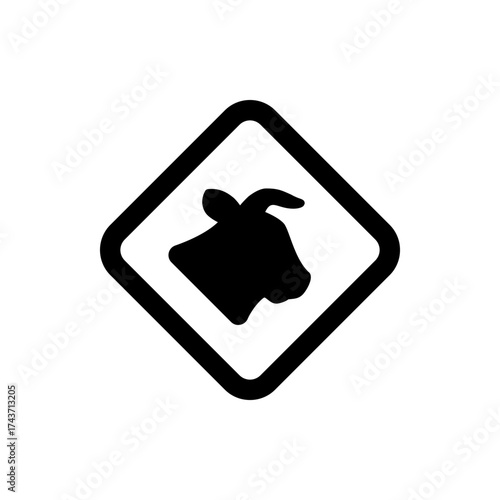 Black silhouette of a cow head inside a rounded diamond shape warning sign on a white background image view