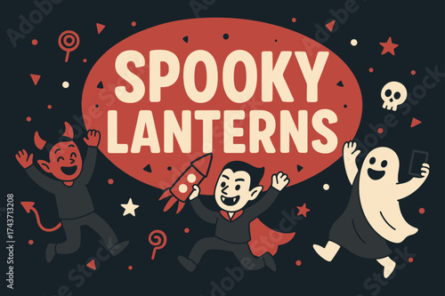 Spooky Lanterns Banner. Spooky Lanterns banner, flat vector illustration, bold oversized text inside rounded blob, cartoon characters jumping and waving,