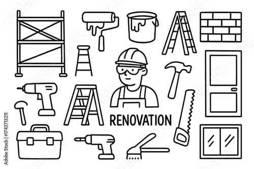 Renovation Tools Doodle. Renovation. Hand-drawn doodle illustration renovation scaffold, paint roller, paint bucket, ladder, toolbox, drill, hammer, worker,