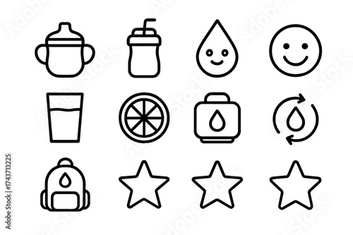 Kids Hydration Icons. Hydration for kids. Line icon set of hydration for kids: sippy cup, straw bottle, cartoon droplet, smiling face, glass of water, fruit