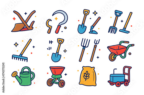 Colorful Farming Tools Icons. Agricultural Tools. Colorful isometric vector icons set of Agricultural Tools: wooden plow, scythe, sickle, hoe, rake, shovel,