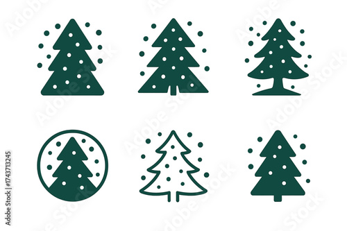 Snowy Pine Logo Variations. Falling Snow. Set Logo of Falling Snow: pine tree. harmonious logo variations of the same emblematic concept, each with different