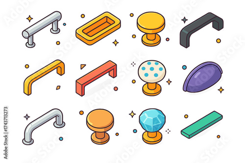 Kitchen Handles Icons. Kitchen Handles. Colorful isometric vector icons set of Kitchen Handles: stainless steel bar handle, recessed pull, round knob, modern