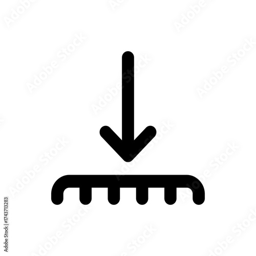 Vertical arrow pointing downwards towards a horizontal line with rounded bottom protrusions symbol