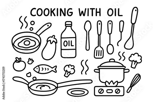 Cooking Essentials Doodle. Cooking with Oil. Hand-drawn doodle illustration Cooking with Oil frying pan, pot, bottle of oil, spoon, spatula, ladle, stove,