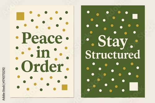 Peaceful Structured Banners. Inspiration. Two vertical A6 banners with safe margins, centered composition, no elements touching edges, memphis style, olive