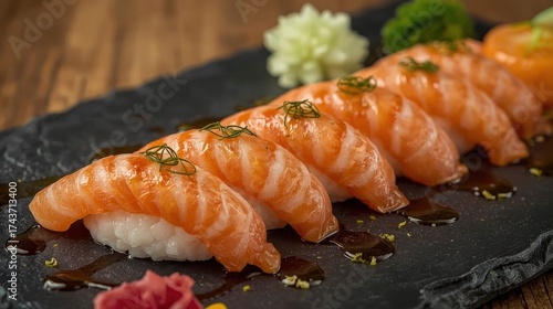 Salmon nigiri sushi on a black plate