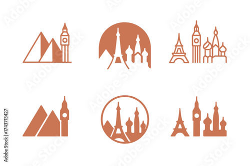 City Skyline Logos. Travel destinations. Set Logo of city skyline: famous landmarks in stylized form. harmonious logo variations of the same emblematic