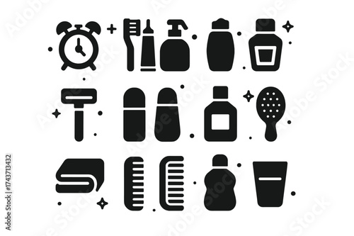 Daily Routine Essentials. Daily Routine Shelf. Solid icons set of Daily Routine Shelf: alarm clock, toothbrush, toothpaste, face wash, razor, deodorant,