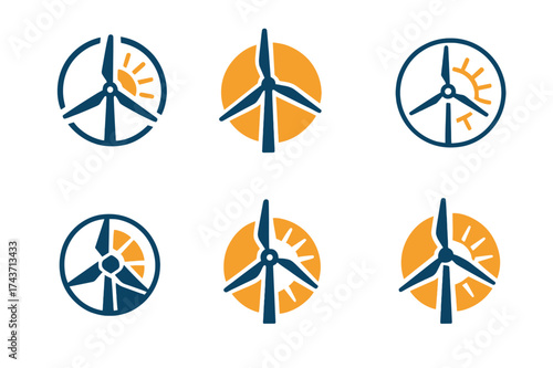 Solar-Wind Energy Logos. Renewable energy technologies and sustainability. Set Logo of solar and wind combo: sun and turbine together in emblem. harmonious