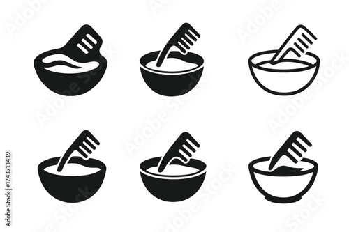 Hair Dye Logo Variations. Bowl with Hair Dye. Set Logo of Bowl with Hair Dye: comb. harmonious logo variations of the same emblematic concept, each with