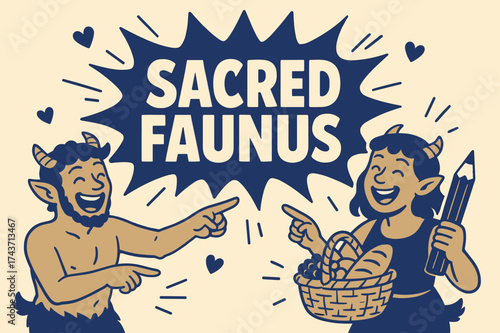 Playful Faunus Banner. Sacred Faunus banner, flat vector illustration, bold oversized text inside comic burst, cartoon characters laughing and pointing,