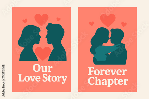 Our Love Story. Our Love Story. Two vertical A6 banners with safe margins, centered composition, no elements touching edges, flat vector design, coral and
