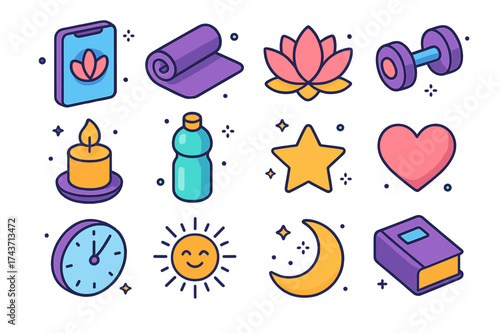 Colorful Yoga App Icons. Yoga Apps. Colorful isometric vector icons set of yoga apps: smartphone, yoga mat, lotus flower, dumbbell, candle, water bottle, star,