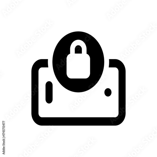 Illustration of a locked padlock icon inside a circle on top of a smartphone device in black and white