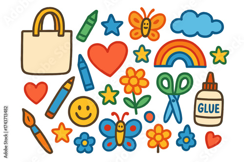 Colorful Kids Crafts. Kids Crafts. Colorful Hand-drawn doodle Children illustration tote bag, crayon, marker, scissors, glue, smiley face, heart, star, flower,