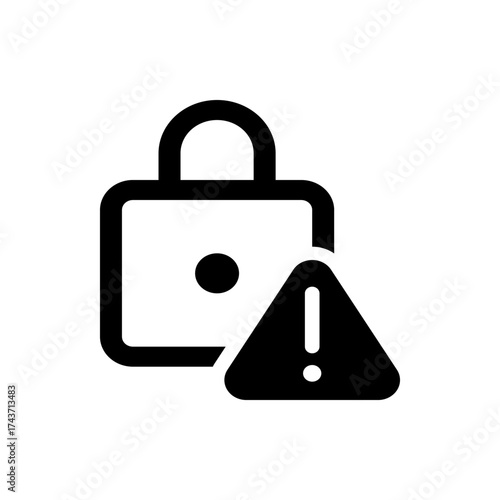 A graphic featuring a stylized padlock with a central dot, accompanied by an alert symbol on the right side