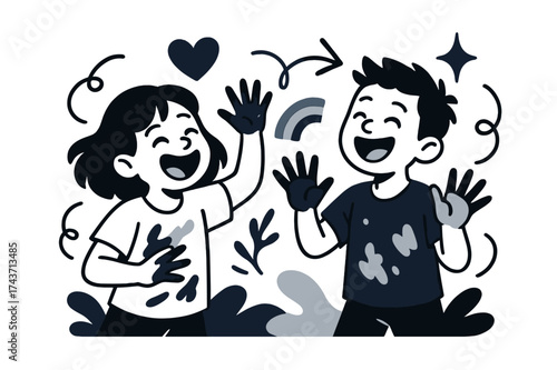 Children's Creative Joy. Joy of art. Children glowing with hands messy in paint, laughing together. Floating heart, sparkle, and rainbow icons showing pure