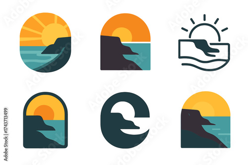 Sunrise Sunset Logos. Sunrise and sunset over natural landscapes. Set Logo of Sunrise and sunset over natural landscapes: Coastal cliff at sunset. harmonious