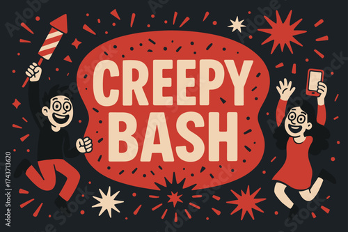 Creepy Bash Extravaganza. Creepy Bash banner, flat vector illustration, bold oversized text inside rounded blob, cartoon characters jumping and waving, holding