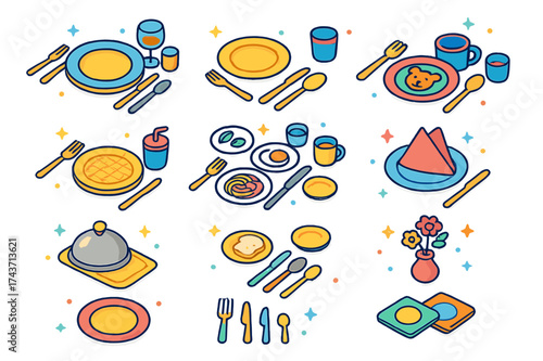Colorful Table Setting Icons. Table Settings. Colorful isometric vector icons set of Table Settings: formal dinner setup, casual table setting, children?s