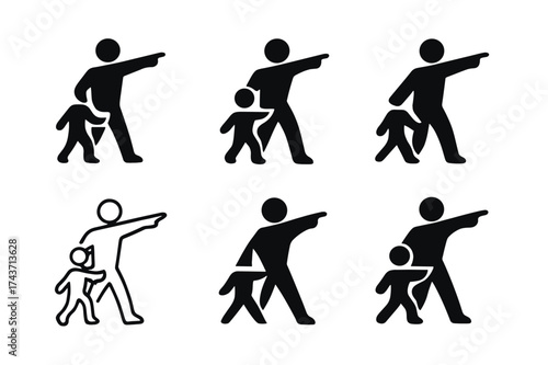 Educational Icons Variations. Mentoring youth. Set Logo of Education: adult pointing with child following icon. harmonious logo variations of the