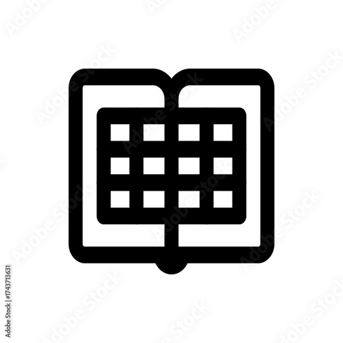 Illustration of an open book with horizontal lines representing text in a bold black outline design style