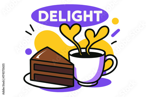 Chocolate Delight & Coffee. Cake and coffee. A chocolate slice placed beside a steaming coffee cup, abstract steam shapes form hearts. Word ?Delight? glows
