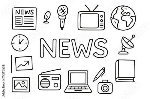 Doodle News Icons. News. Hand-drawn doodle illustration of News. Newspaper, microphone, TV, globe, laptop,