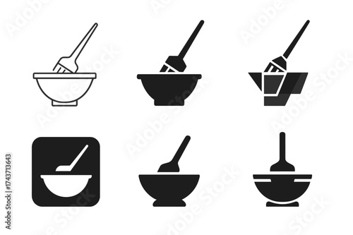 Hair Dye Bowl Designs. Bowl with Hair Dye. Set Logo of Bowl with Hair Dye: mixing bowl. harmonious logo variations of the same emblematic concept, each with