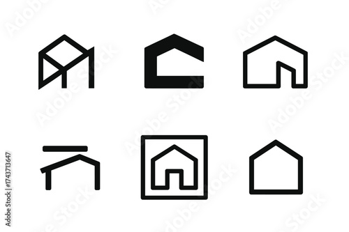Architectural Logo Variations. Flat roof. Set Logo of Architecture: house outline with flat roof. harmonious logo variations of the same emblematic concept,