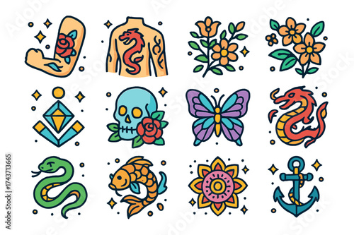 Colorful Tattoo Icons. Body Art. Colorful isometric vector icons set of body art: tattooed arm, tattooed back, tribal tattoo, floral tattoo, geometric tattoo,