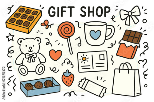 Colorful Gift Shop Doodles. Gift Shop. Hand-drawn doodle illustration chocolate box (colored), ribbon bow, souvenir mug (colored), teddy bear, lollipop