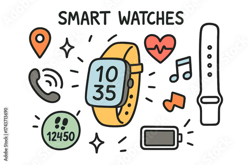 Smartwatch Doodle Icons. Smart Watches. Hand-drawn doodle illustration smartwatch (colored), digital clock face, heart rate icon (colored), GPS pin, step