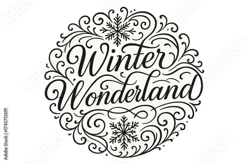 Frosty Flourish Lettering. Winter Wonderland ? Flourish Lettering with ornate frosty swashes and curling flourishes, circular balanced composition with