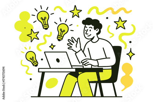 Creative Freelancer's Inspiration. Flow of Ideas. Freelancer at desk surrounded by glowing floating abstract